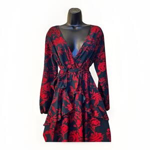UGUEST Womens Red Floral Wrap Dress Long Sleeve V Neck Tie Waist Size M